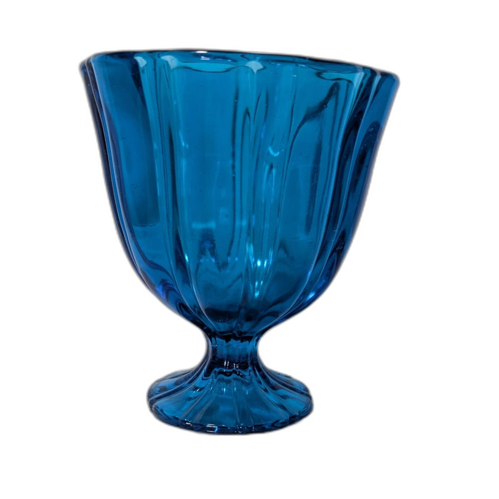 Vintage L.E. Smith Peacock Blue Glass Compote Candy Dish MCM Pedestal Bowl